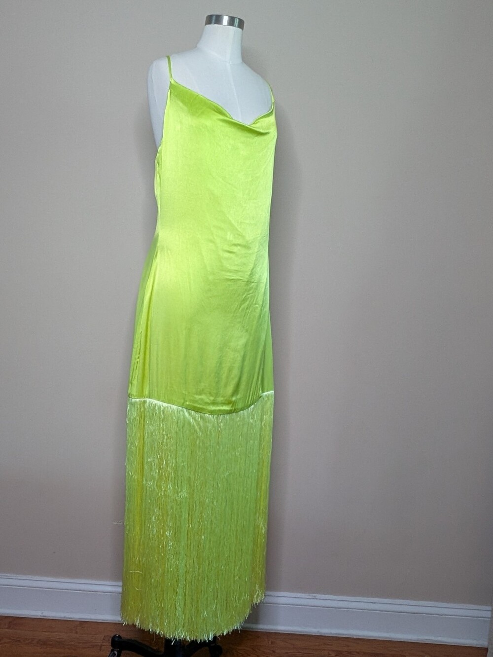 NWT ELLIATT Carlene Chartreuse Citron Neon Satin Fringe Maxi Formal Dress L